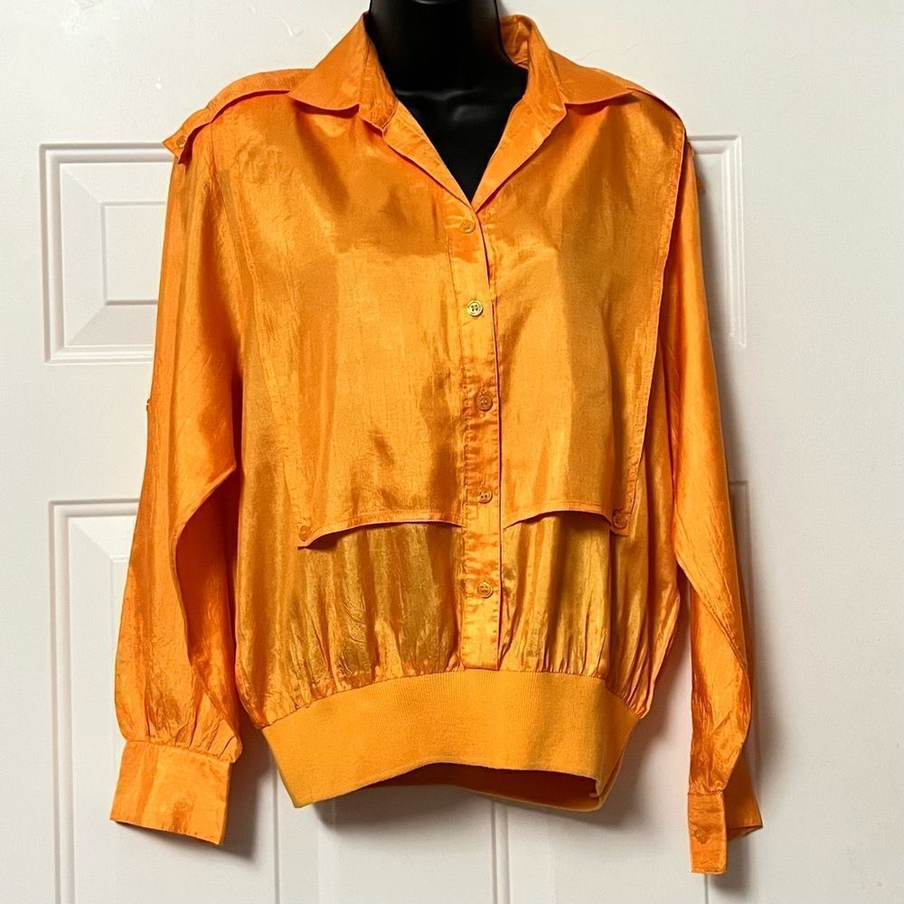 Vintage 80s Parachute Flap Orange ribbed Long Sleeve Oversized Pullover Top L